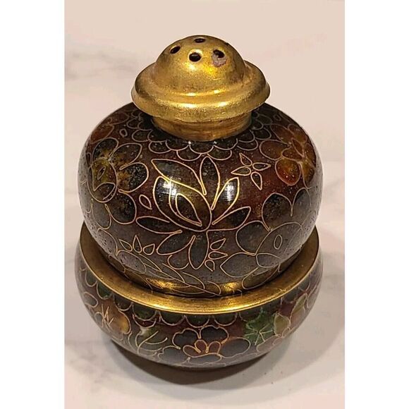 Cloisonné Open Salt Bowl Cellar Pepper Shaker Flower Enamel Brass Stacking Brown - Picture 1 of 8